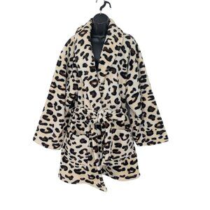 Linum Home Fleece Robe Women Size L/XL Leopard Print Plus Belted Cottage Cozy